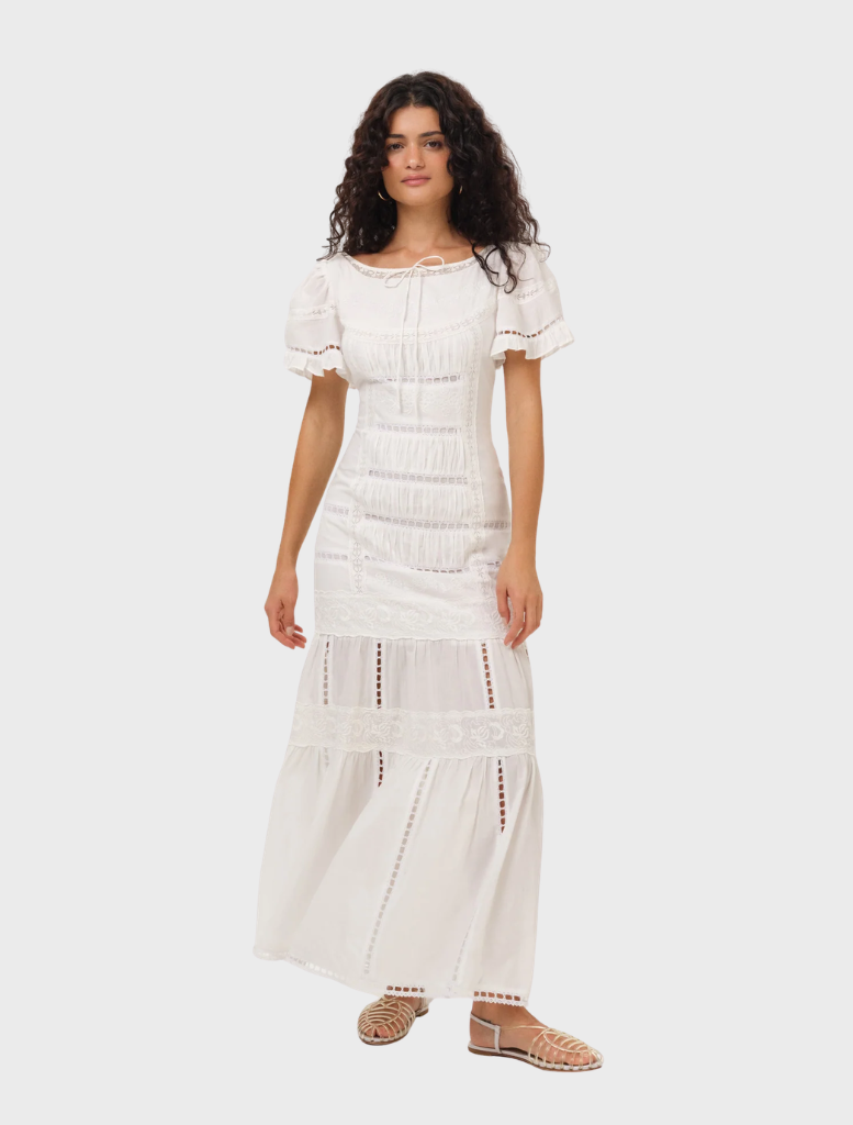 A white maxi dress with a flowing design, perfect for warm weather and casual outings.