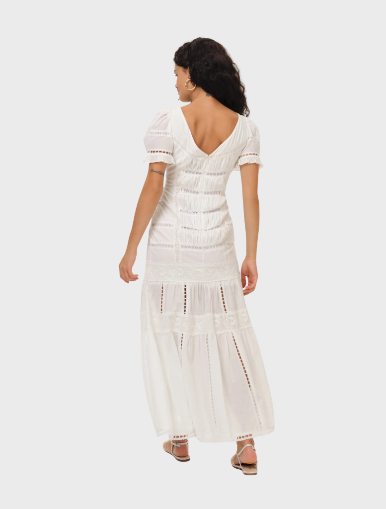 Elegant white maxi dress featuring a breezy silhouette, ideal for summer events and relaxed occasions.