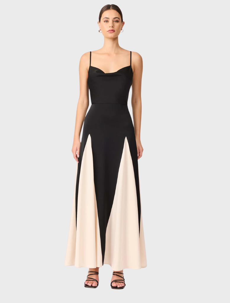Black and cream Brigid Gown featuring a cowl neck and a stylish side split.