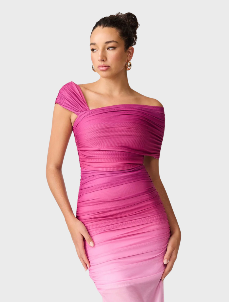 Fashionable Brigitta maxi dress with a gradient orchid ombre effect, ideal for a relaxed yet sophisticated look.