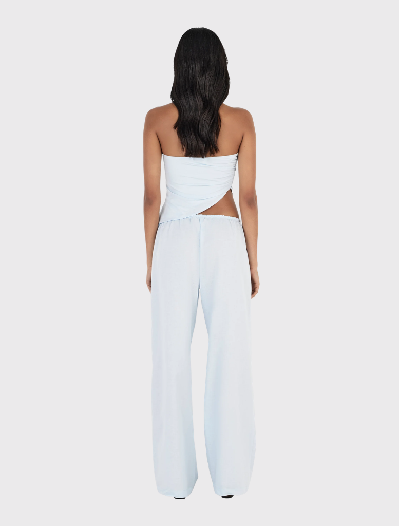 Cornflower blue Bronte Pant, a relaxed straight-leg style with adjustable waist drawcord and side pockets for practicality.
