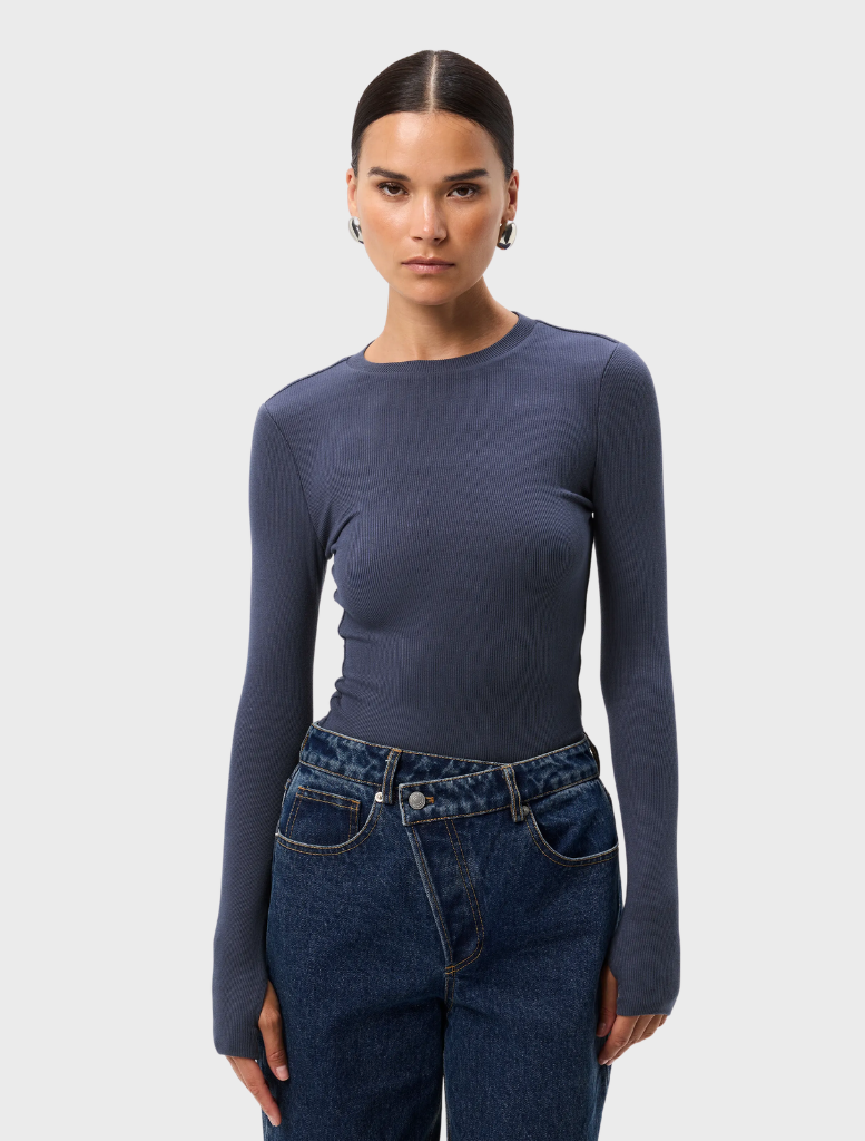 Sapphire blue Brooklyn Top displayed on a mannequin, showcasing its elegant design and soft fabric texture.