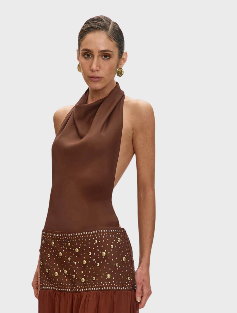 Elegant brown Carrie dress on a hanger, showcasing a classic design with a cinched waist and a flared skirt.