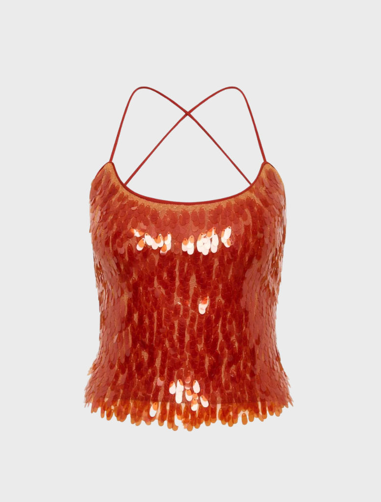 Elegant burnt orange backless top featuring a dazzling sequin finish, perfect for a chic evening look.