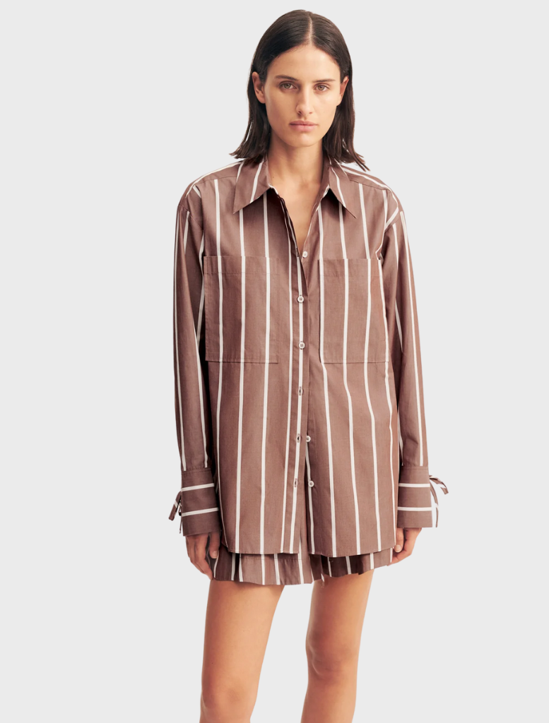 Spencer shirt displayed in cafe au lait color, showcasing a timeless style ideal for versatile wardrobe options.