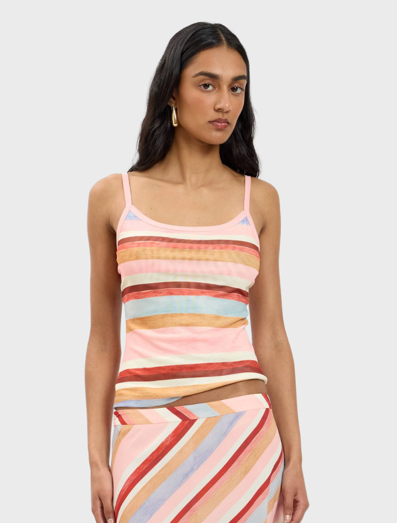 Blush striped mesh camisole, featuring delicate straps and a lightweight design for a stylish, breathable look.