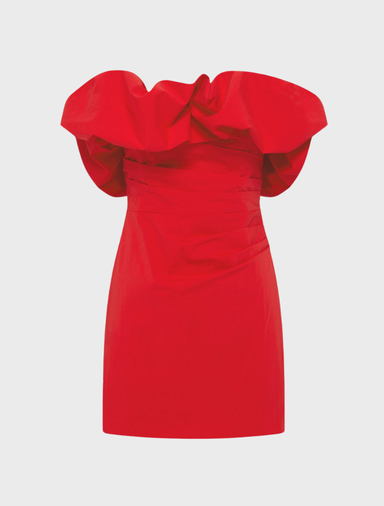 Goji-colored strapless bubble mini dress with a fitted top and voluminous skirt, perfect for a fun, stylish outfit.