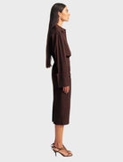 Ristretto-hued fitted midi dress, combining comfort and style with a sleek design suitable for both casual and formal events.