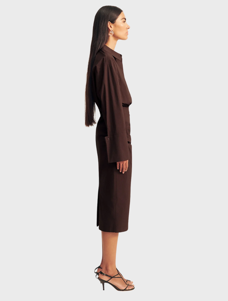 Ristretto-hued fitted midi dress, combining comfort and style with a sleek design suitable for both casual and formal events.