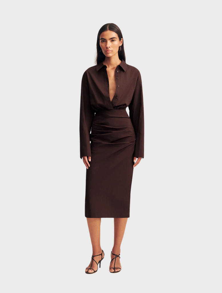 Fitted midi dress in Ristretto color, featuring a stylish design and tailored silhouette for a chic look.
