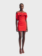 Strapless bubble mini dress in vibrant goji color, featuring a fitted bodice and flared skirt for a playful look.