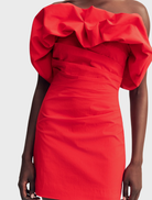 Strapless bubble mini dress in vibrant goji color, featuring a fitted bodice and flared skirt for a playful look.