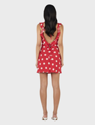 Bright red mini dress with a polka dot pattern, showcasing a fitted design and short sleeves, ideal for warm weather.