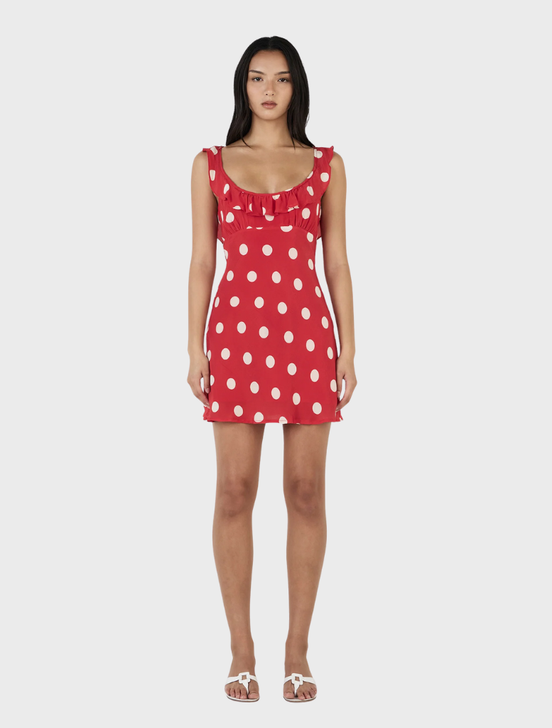 Playful red mini dress with white polka dots, designed with a fitted shape and short sleeves for a fun summer style.