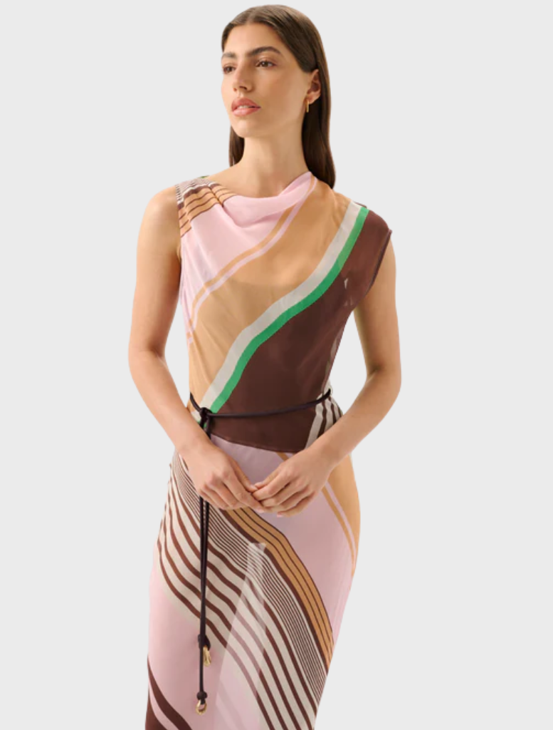 Stylish capri maxi dress with a striking tango stripe pattern, suitable for both casual and semi-formal events.