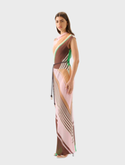 Capri maxi dress featuring a vibrant tango stripe pattern, perfect for summer outings and casual events.