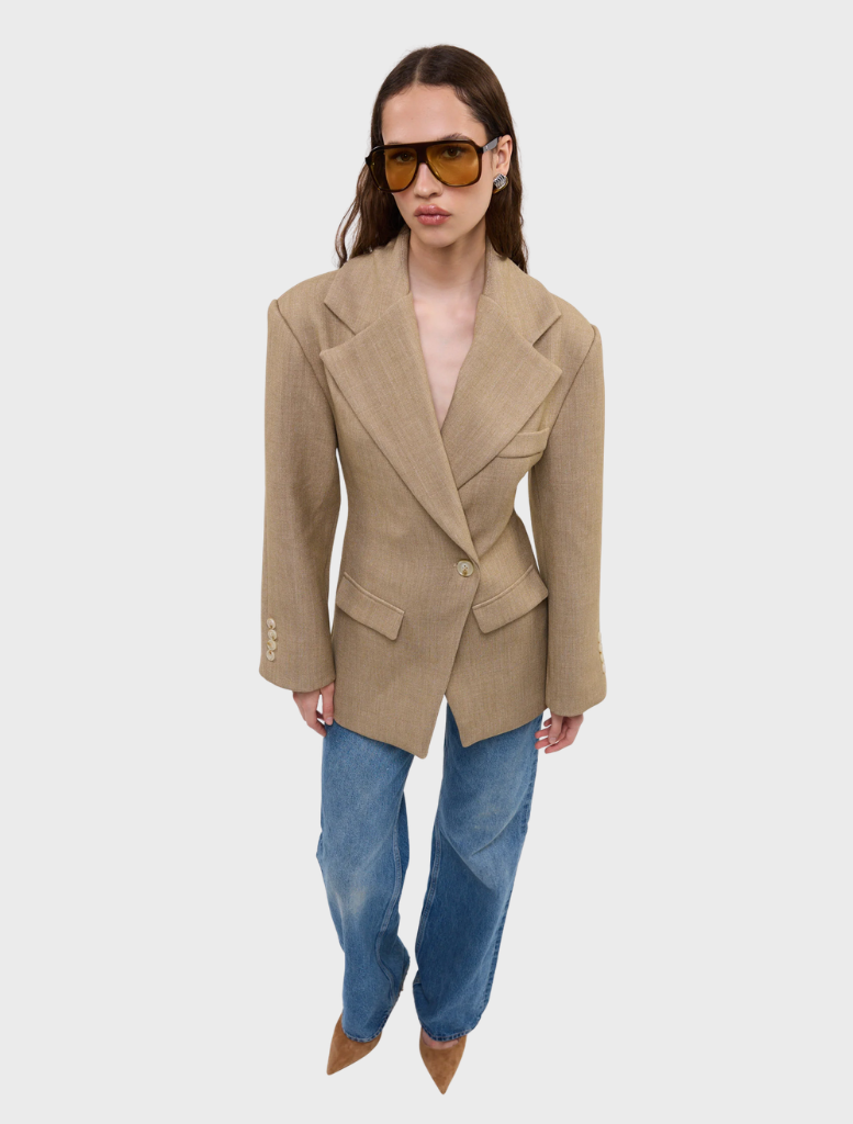 Stylish caramel Saskia cinched blazer featuring a fitted design, perfect for enhancing any formal outfit.