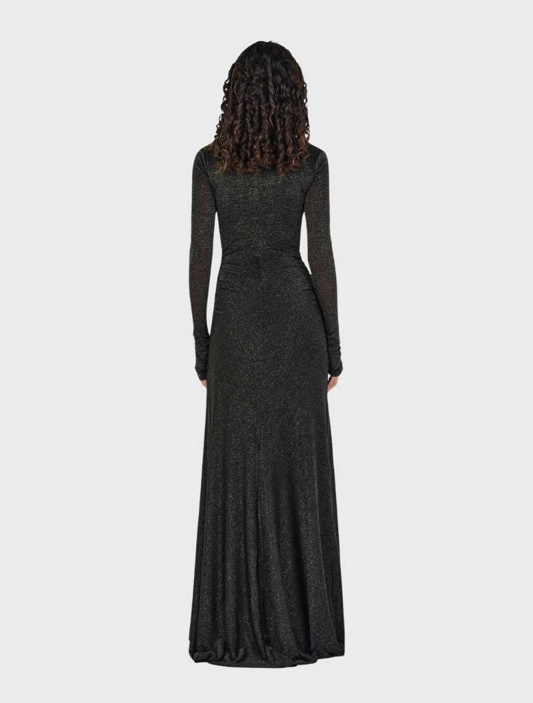Elegant charcoal lurex maxi dress featuring a flattering fit, ideal for formal gatherings and special occasions.