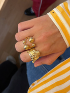 A gold-plated ring with a cheetah head motif, blending whimsical art with fine jewelry craftsmanship.