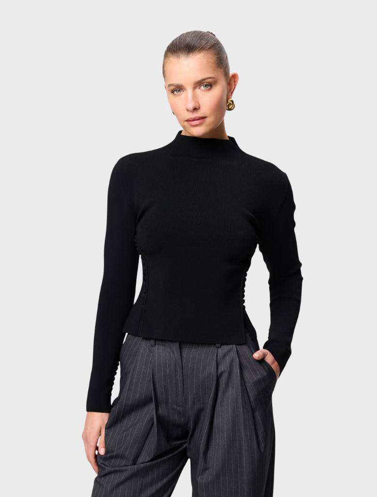Classic black Windsor knit top, offering a sleek design and cozy feel, perfect for any wardrobe.