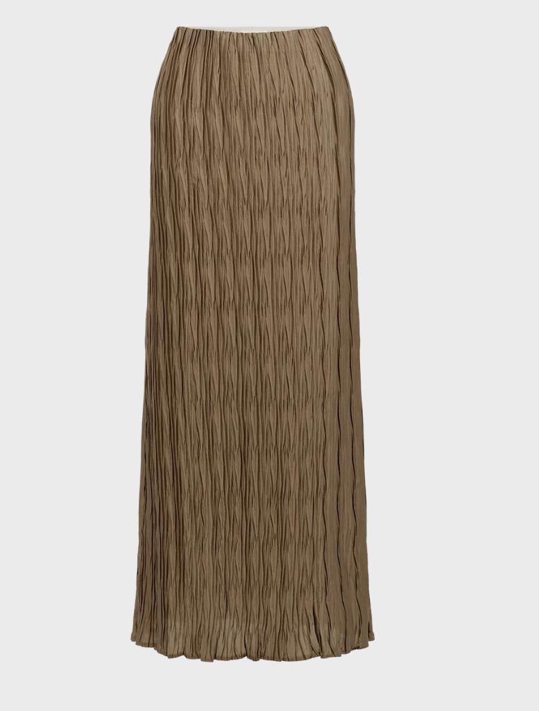 Leda Maxi Skirt in Oak color, featuring a flowing design suitable for casual or formal occasions.