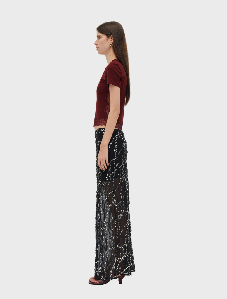 Refract Bias Maxi Skirt in Afterdark, featuring a flowing design and rich dark color for a stylish, elegant look.
