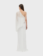Elegant one-shoulder floor-length dress in a soft cloud color, perfect for formal occasions and special events.