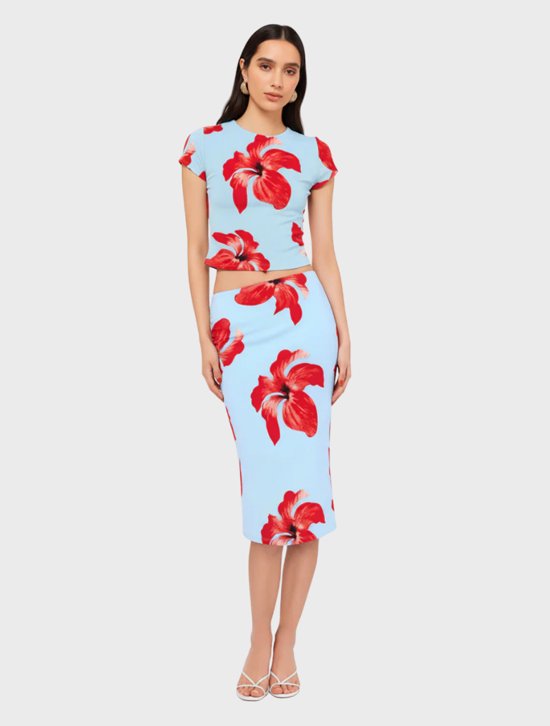 Floral ruched skirt in blue and pink, showcasing a stylish design ideal for various outfits and seasonal wear.