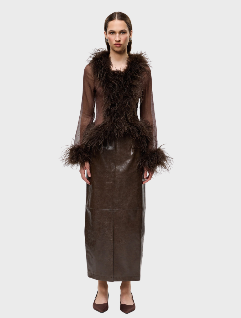 Chocolate-colored sheer blouse with feather embellishments, offering a stylish and lightweight option for formal or casual wear.