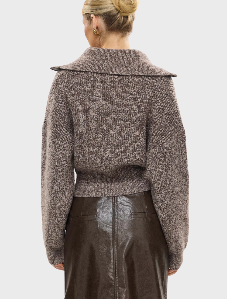 Cozy chocolate marle cardigan crafted from ruby wool, featuring an open front and a comfortable, relaxed silhouette.