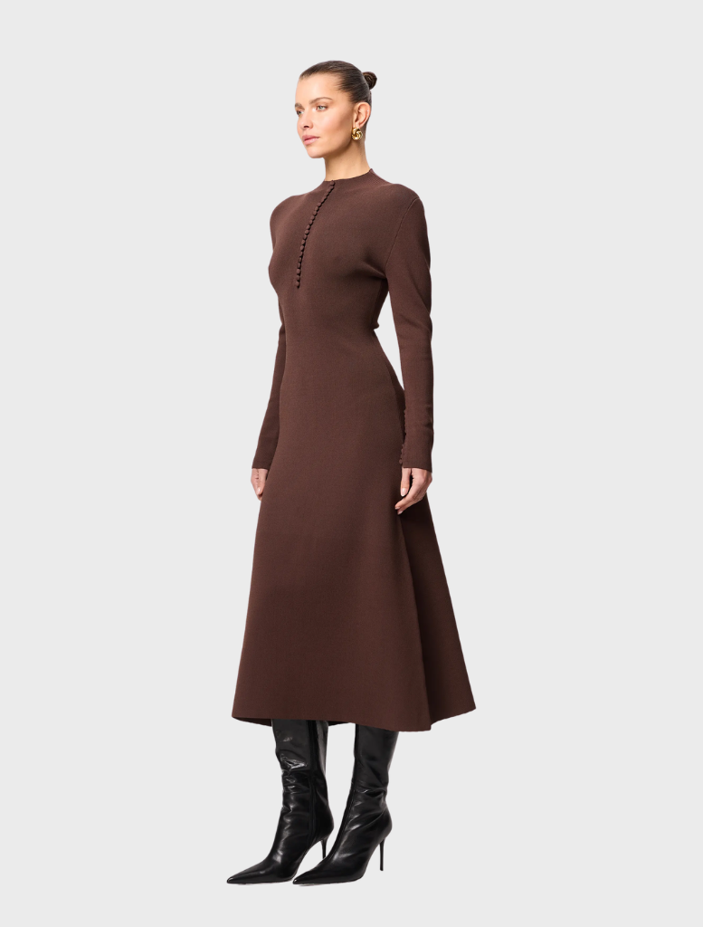 Chocolate-colored Windsor midi dress with a fitted bodice and flowing skirt, perfect for elegant occasions.