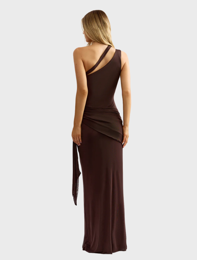 Talisa Dress in chocolate brown, featuring a sleek design and elegant silhouette, perfect for formal occasions.