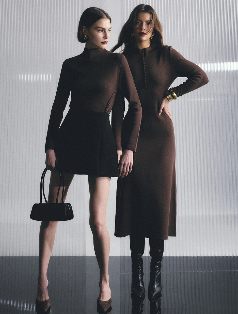 Elegant chocolate Windsor midi dress featuring a fitted top and a flowing skirt, ideal for formal events.
