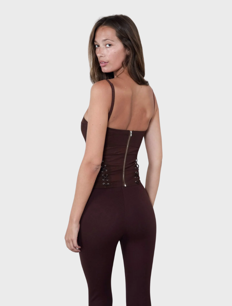 Chocolate corset by Christina, combining a classic silhouette with luxurious fabric for a chic and flattering look.