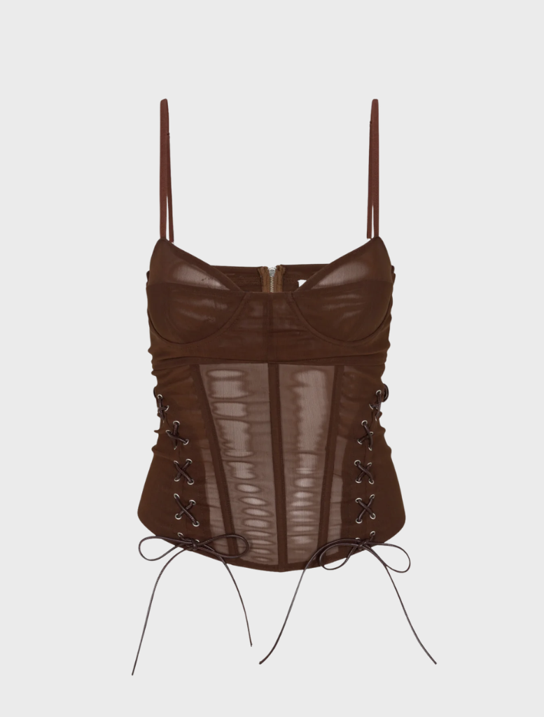 Christina's chocolate corset showcases a rich brown hue with intricate stitching, perfect for enhancing the waistline.