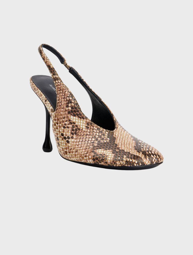 Python skin heel pump named Claire in sand snake pattern, featuring a stylish slingback design.