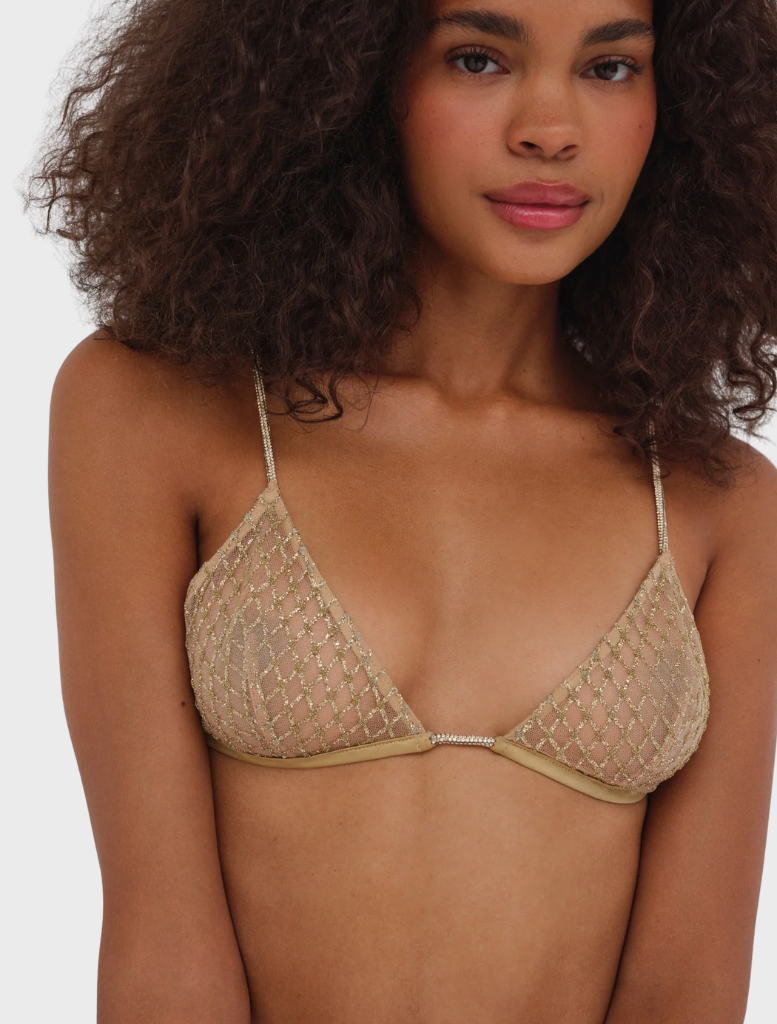 Dazzling gold glitter bralette, designed to enhance your style with its sparkling allure.
