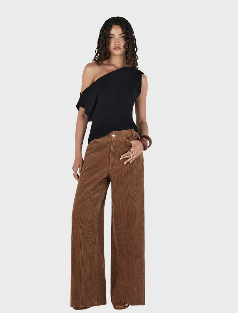 Close-up of tan Max Cord Pants, featuring the ribbed corduroy texture and pockets.