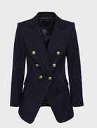 Front view of a navy Legacy Blazer, emphasizing its refined tailoring and timeless design elements.