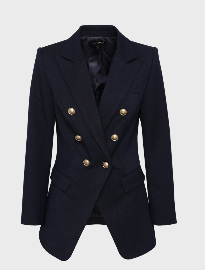 Front view of a navy Legacy Blazer, emphasizing its refined tailoring and timeless design elements.