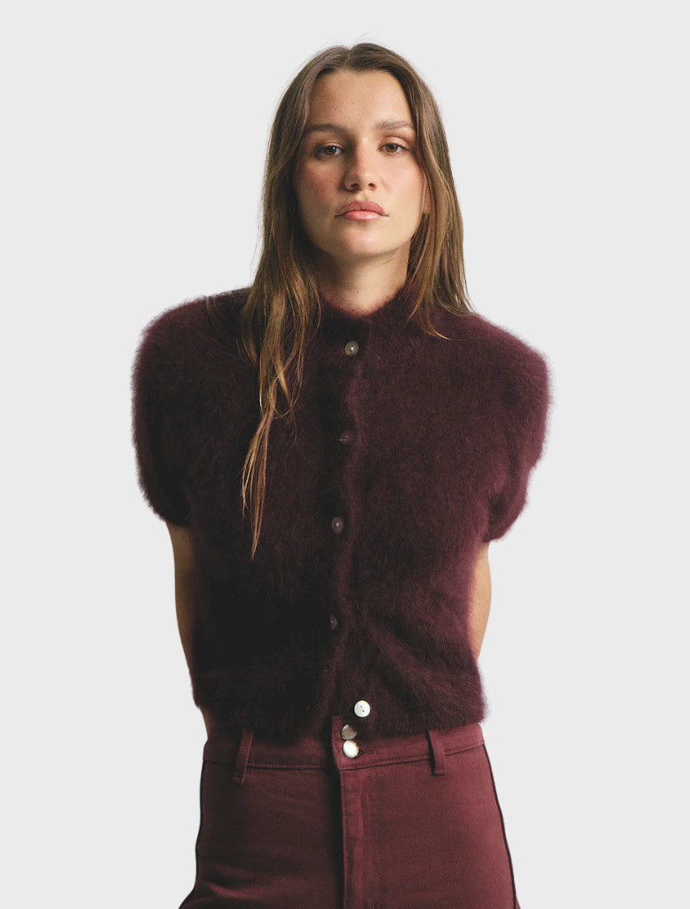 Claudia cashmere cardigan in aubergine, designed with short sleeves for a chic and cozy addition to any outfit.