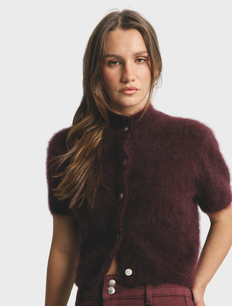 Aubergine short sleeve cardigan by Claudia, crafted from soft cashmere for a fashionable and comfortable wear.