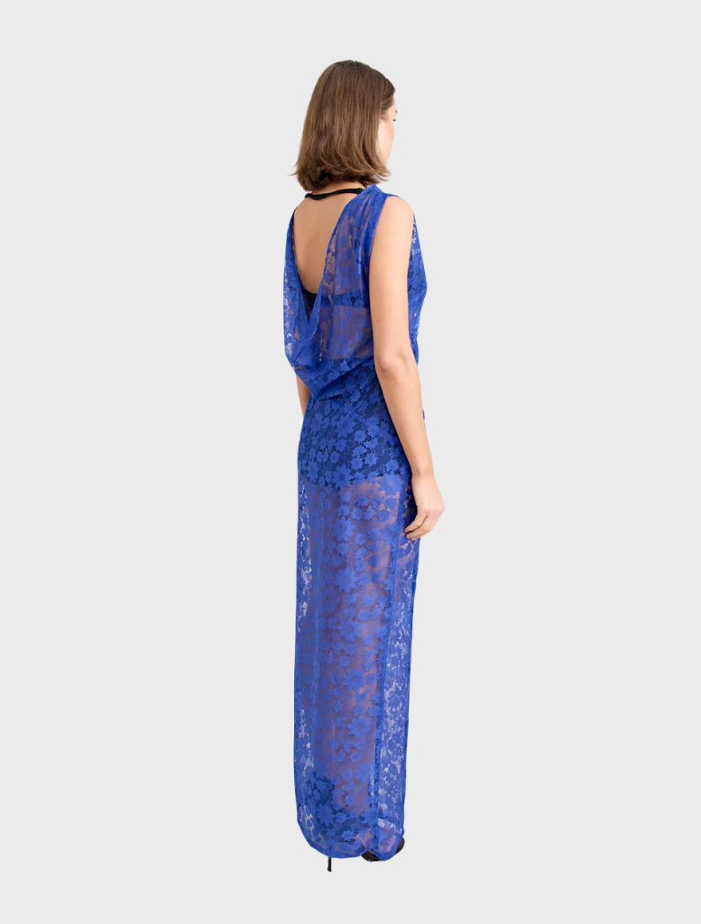 Velora lace dress in cobalt blue, highlighting intricate lacework and a sophisticated design perfect for evening wear.