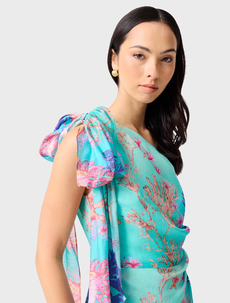Contemporary coral asymmetrical gown in blue multi shades, perfect for formal occasions and special events.