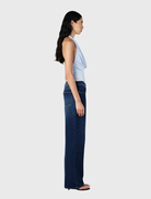 Cornflower blue halter top with a low cowl neck and scooped back, made from a soft jersey blend for comfort.