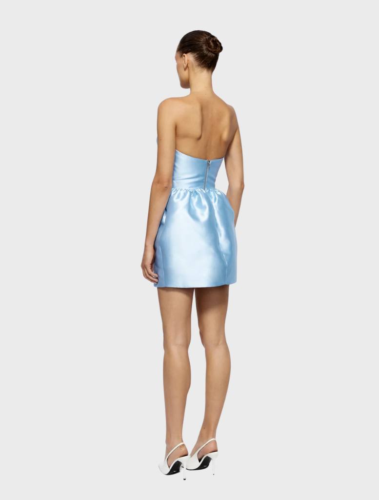 The model is dressed in a strapless Luetta Mini Dress, featuring a vibrant cornflower blue color and a fashionable cut.