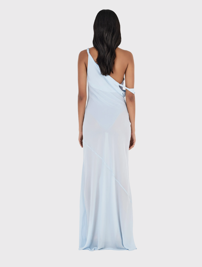 Full-length Sandra Maxi Dress in cornflower blue, designed with adjustable straps and a deep cowl neckline for versatility.