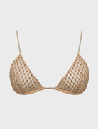  Gold glitter bralette with a shimmering finish, designed for a stylish and eye-catching look.