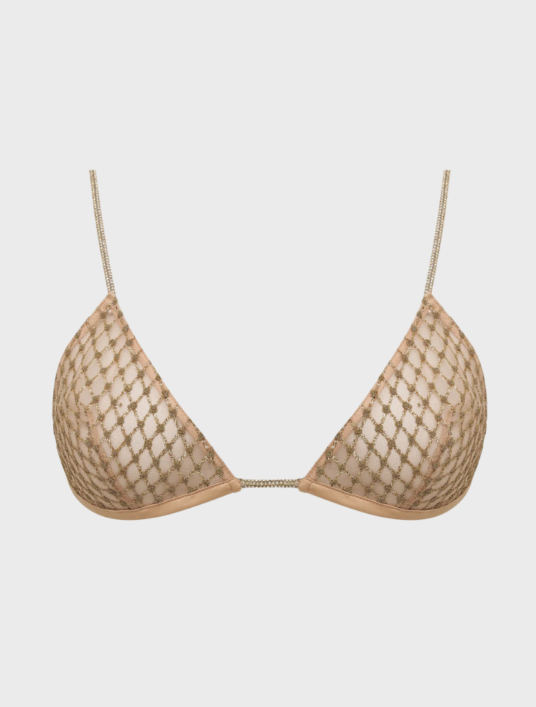  Gold glitter bralette with a shimmering finish, designed for a stylish and eye-catching look.