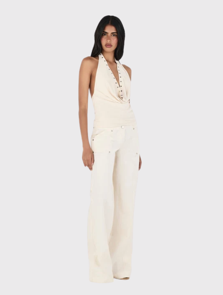 Cream Kehlani Pant: relaxed straight leg cargo style with low-rise fit, zip fly, belt loops, and functional pockets.